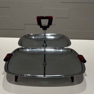 Glo-Hill Gourmates two-tiered serving tray cherry red bakelite handles + feet